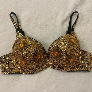 Exotic Floral Gold Rave Bra | Rhinestone | Bejeweled | Belly Dance Sequin Bra